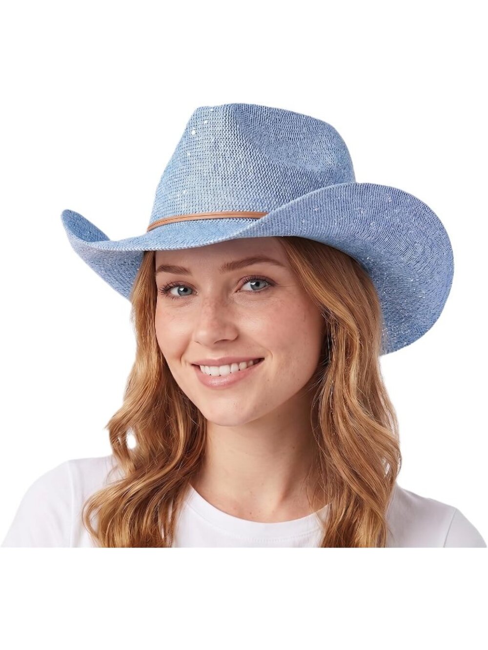 Women's Sky Blue Sparkly Sequin Suede String Trim Party Cowboy Western Hat